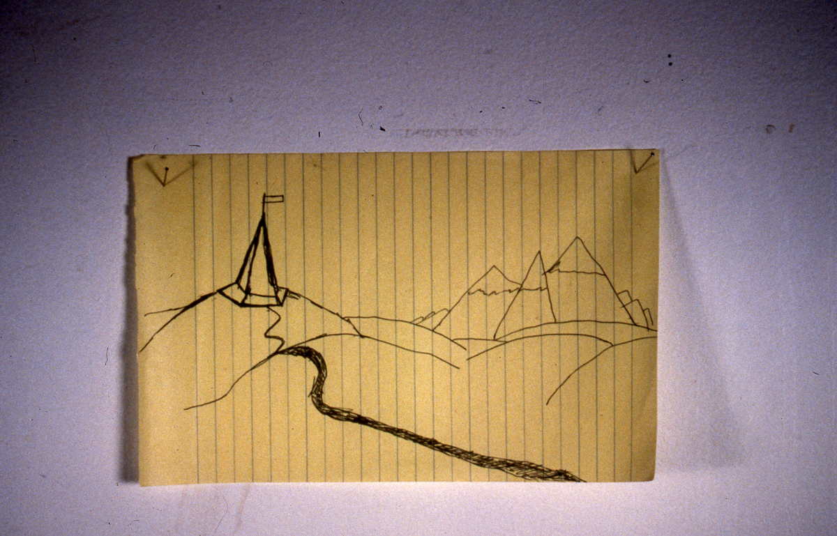 Installation view of the group show trophy, drawing on yellow paper.