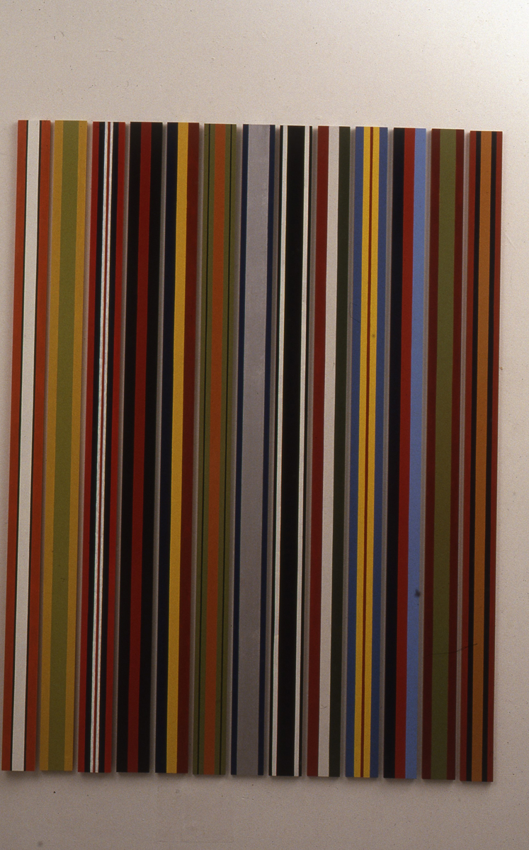 Installation view of the group show trophy, detail of image consisting of vertical lines.