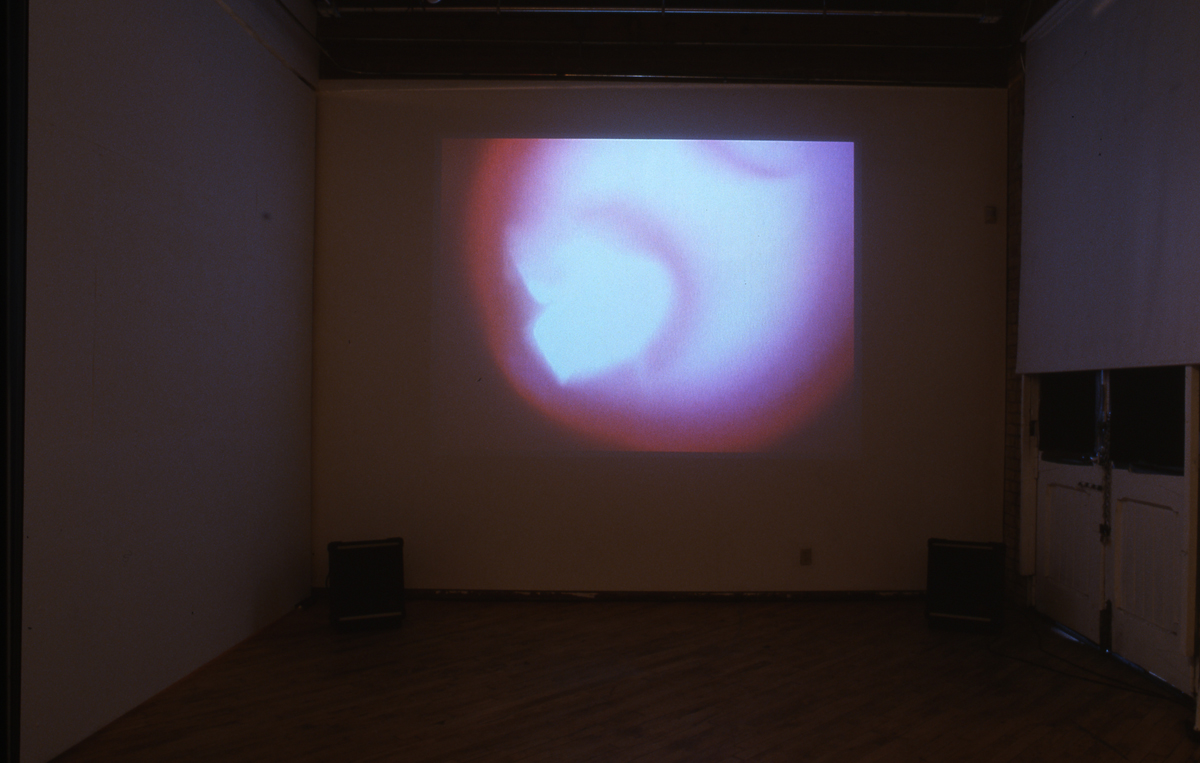 Nelson Hendricks: Installation view, projection of a pink and white object.