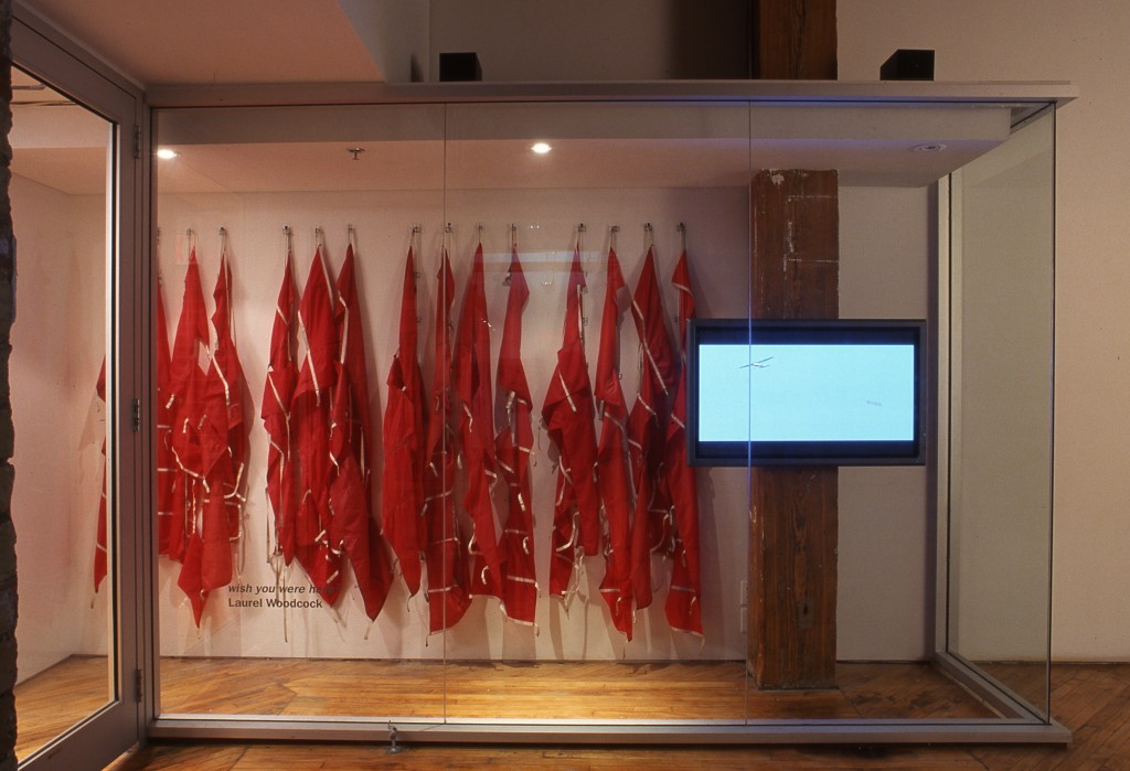 Laurel Woodcock, window installation, red garments hanging, accompanied by Video Monitor.