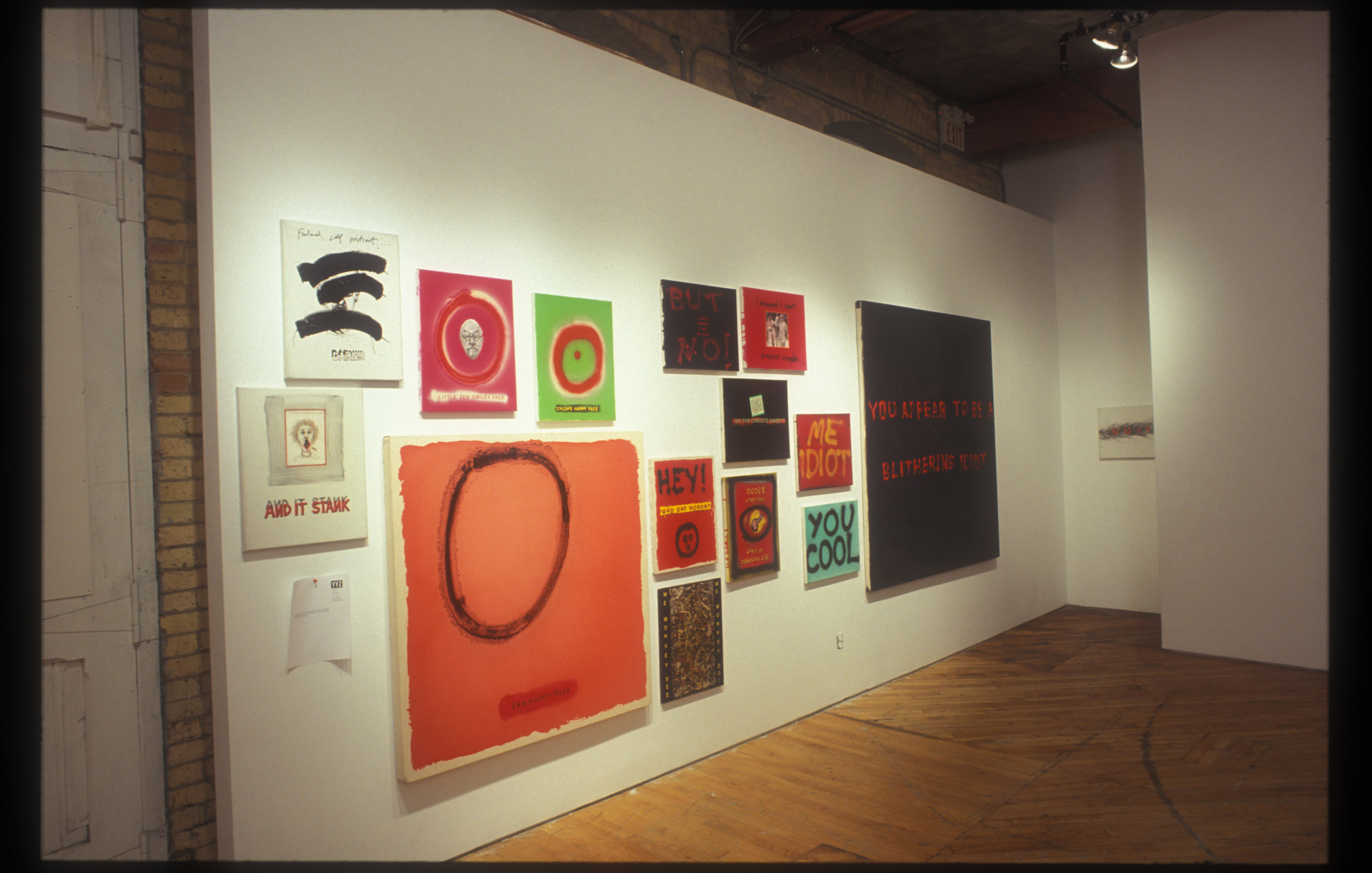 John Will: View of artwork in grid formation, conceptual art, contains negative phrases.