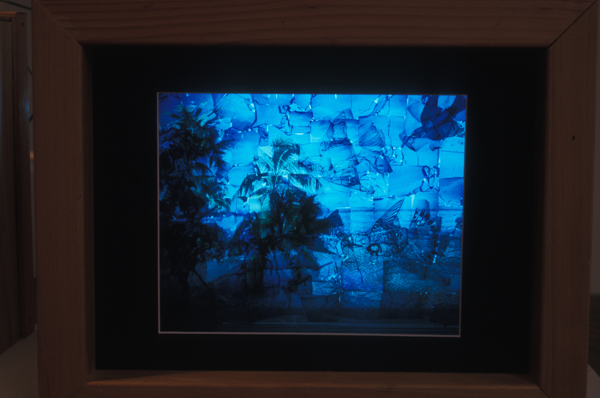 Christina Battle: Detail of blue translucent collage image on a lightbox.