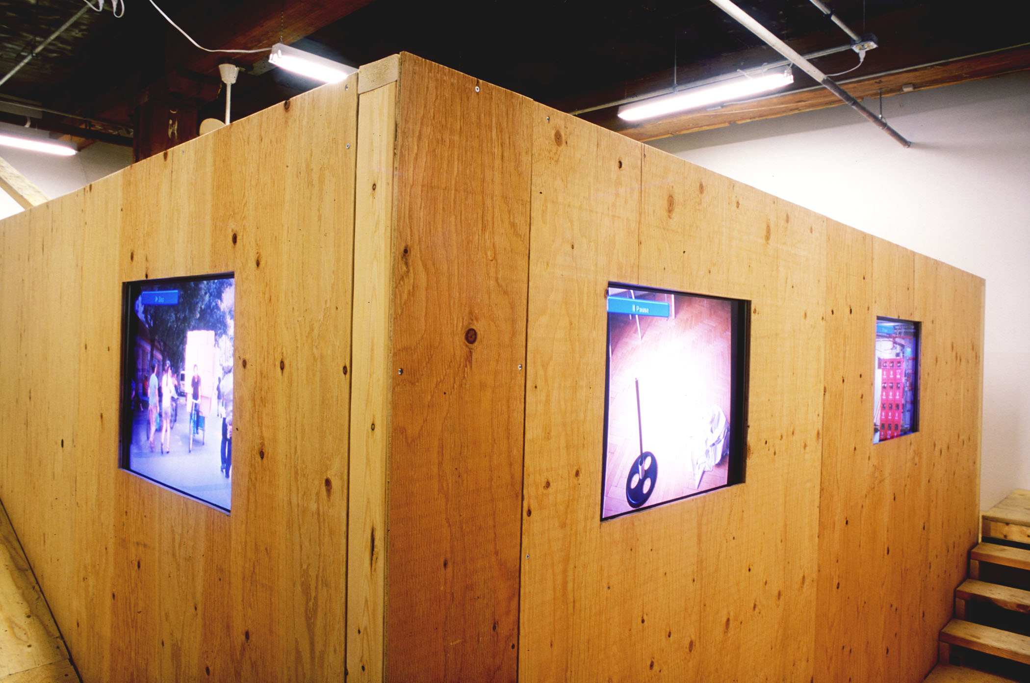 Koki Tanaka, installation view, residency, multi channel video displayed in a wooden encasement..