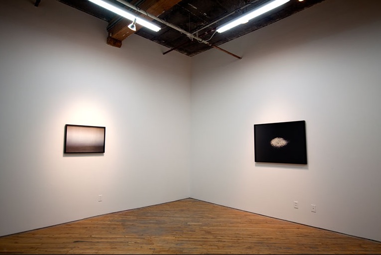 Lorna Bauer, installation view, images of broken glass, and multiple exposure photographs.