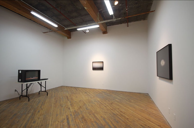 Lorna Bauer, installation view, images of broken glass, and multiple exposure photographs.