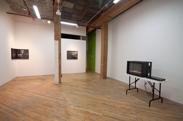 Lorna Bauer, installation view, images of broken glass, and multiple exposure photographs.