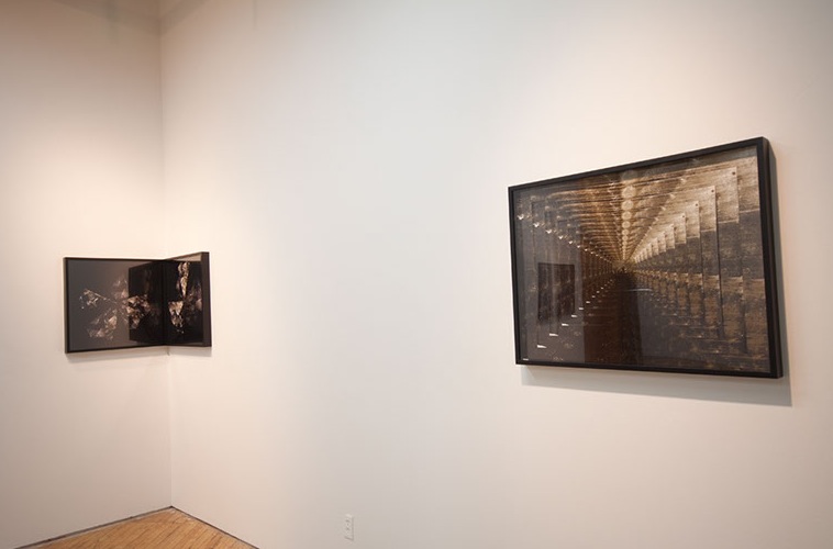 Lorna Bauer, installation view, images of broken glass, and multiple exposure photographs.