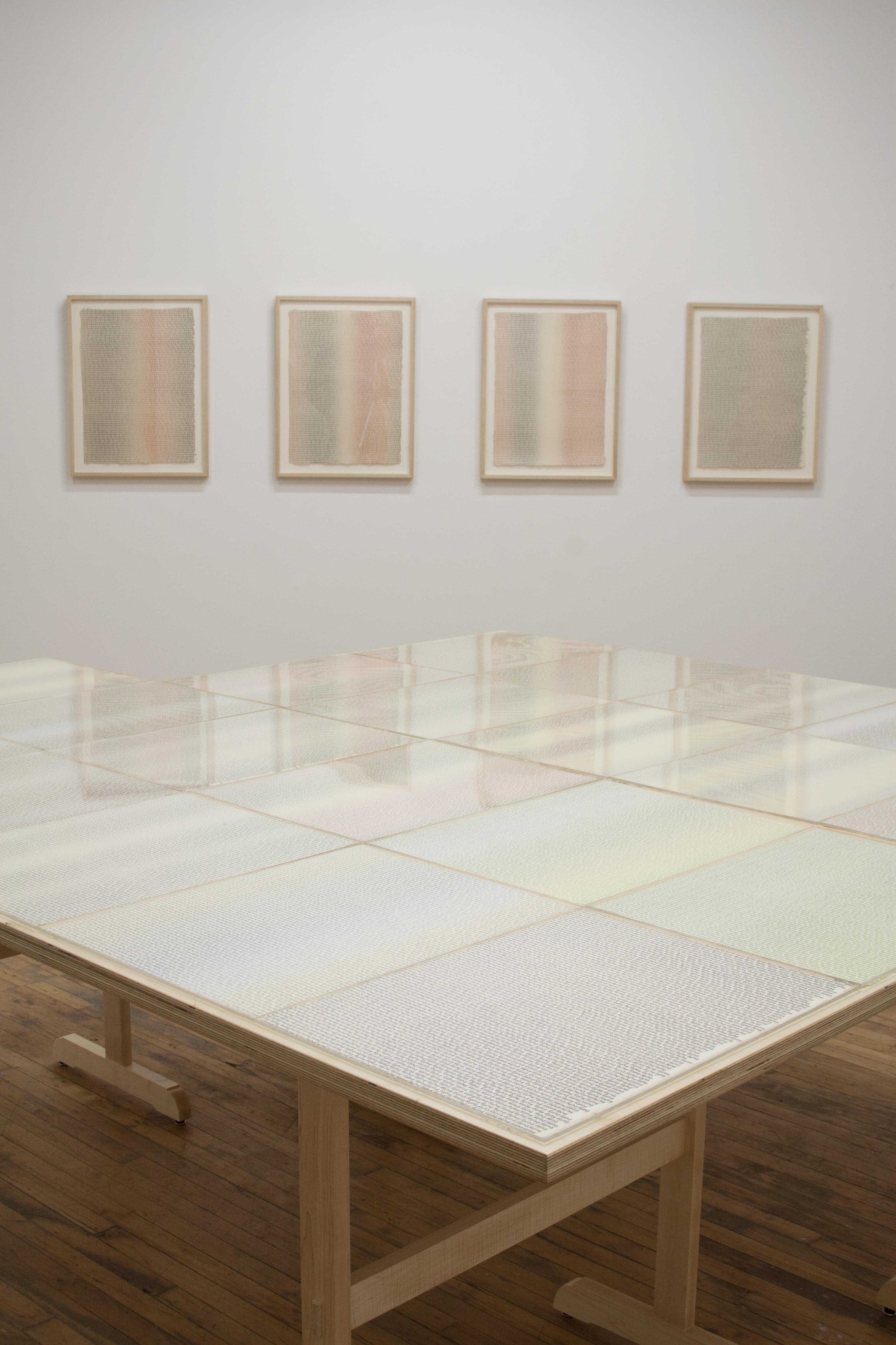 Barbara Balfour, installation view of Living and Dying, images of writing permeate the gallery.