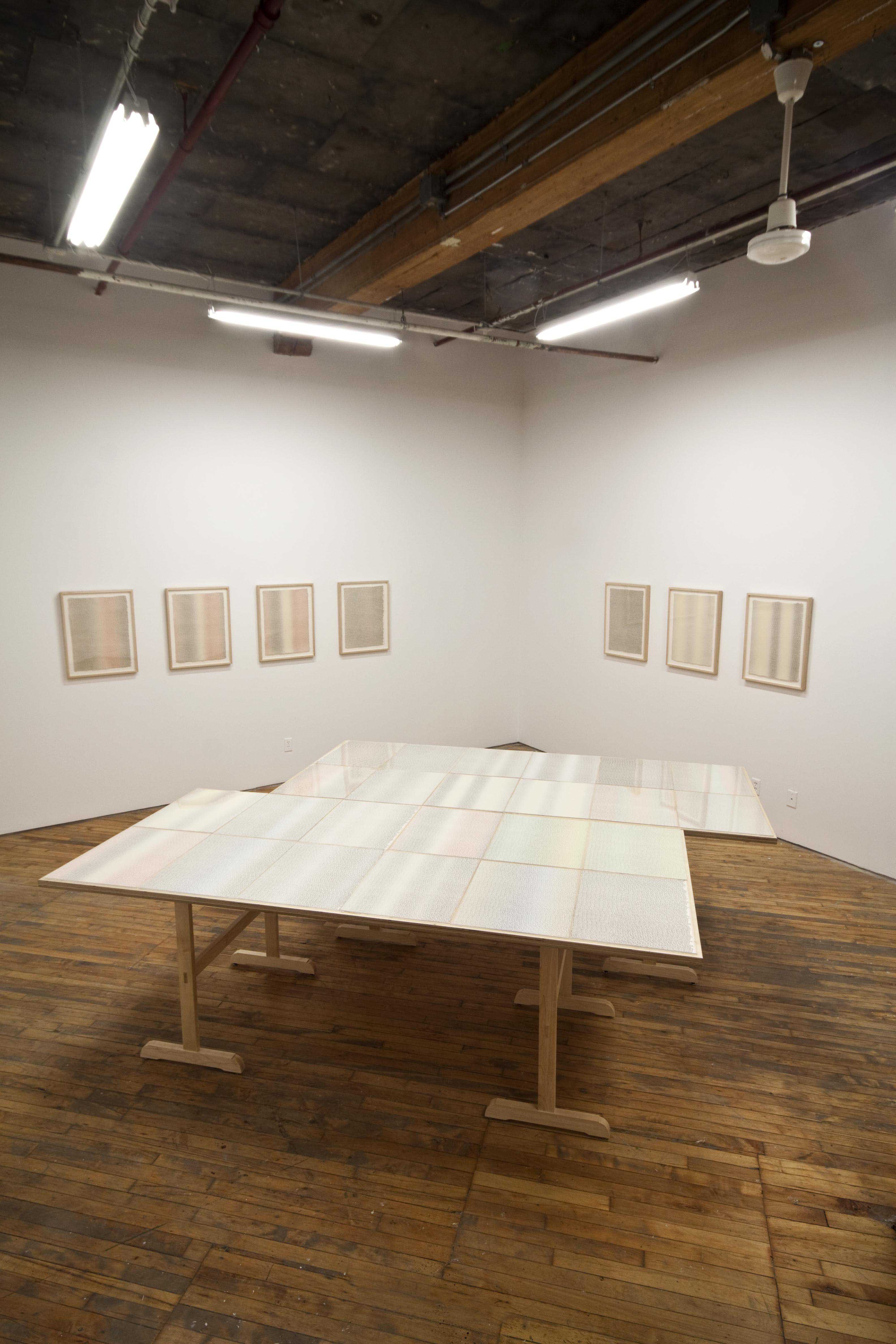 Barbara Balfour, installation view of Living and Dying, images of writing permeate the gallery.