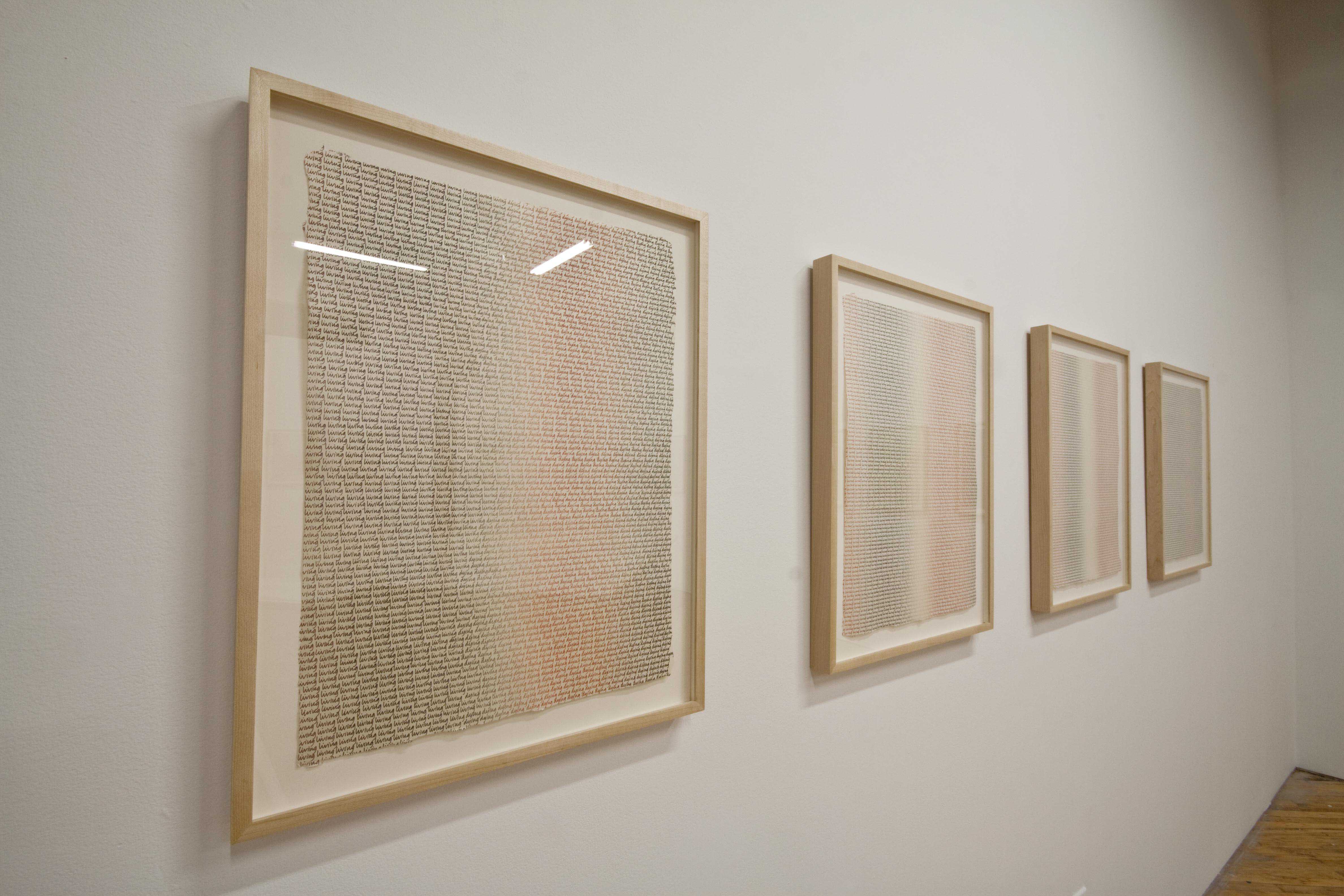 Barbara Balfour, installation view of Living and Dying, images of writing permeate the gallery.