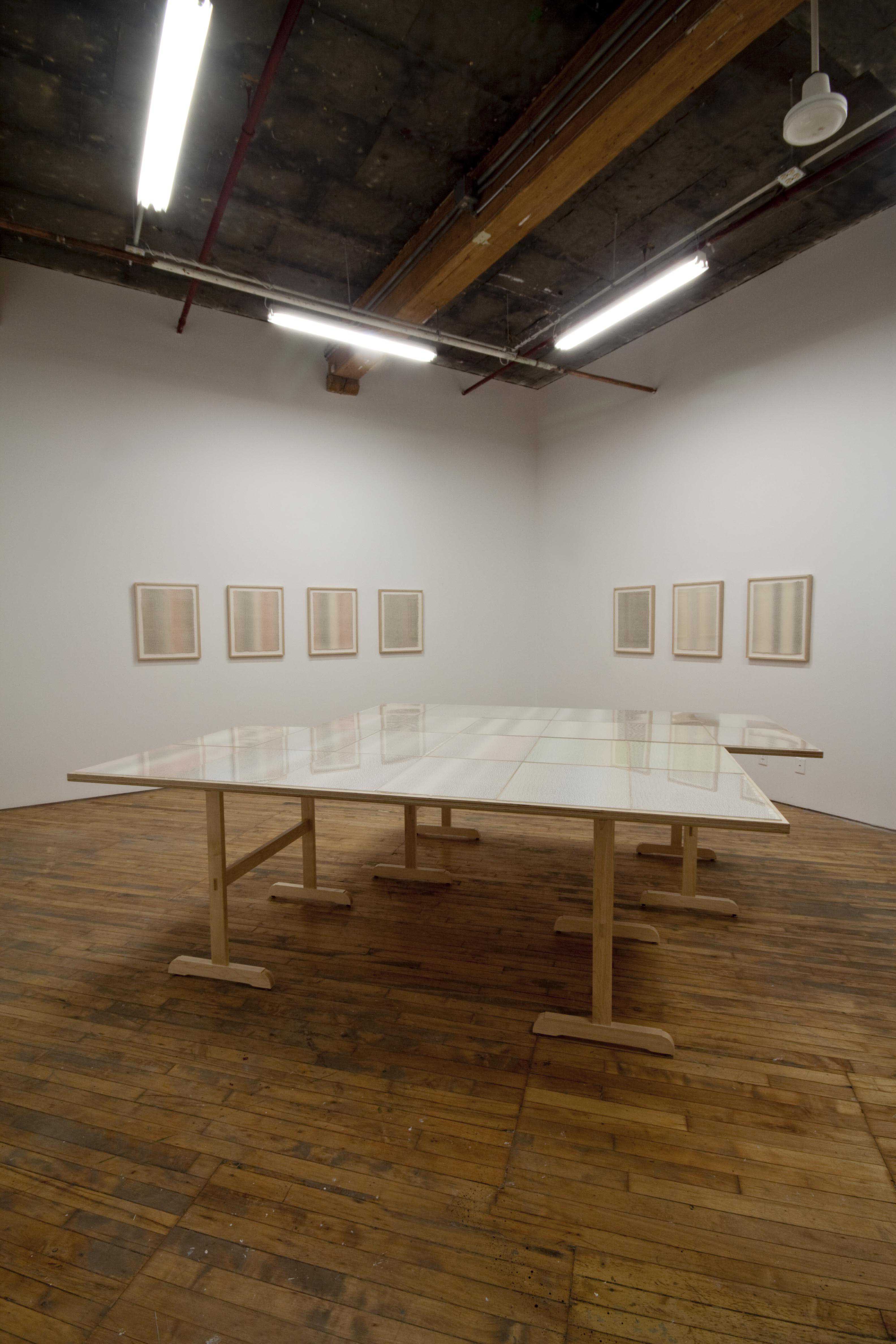 Barbara Balfour, installation view of Living and Dying, images of writing permeate the gallery.
