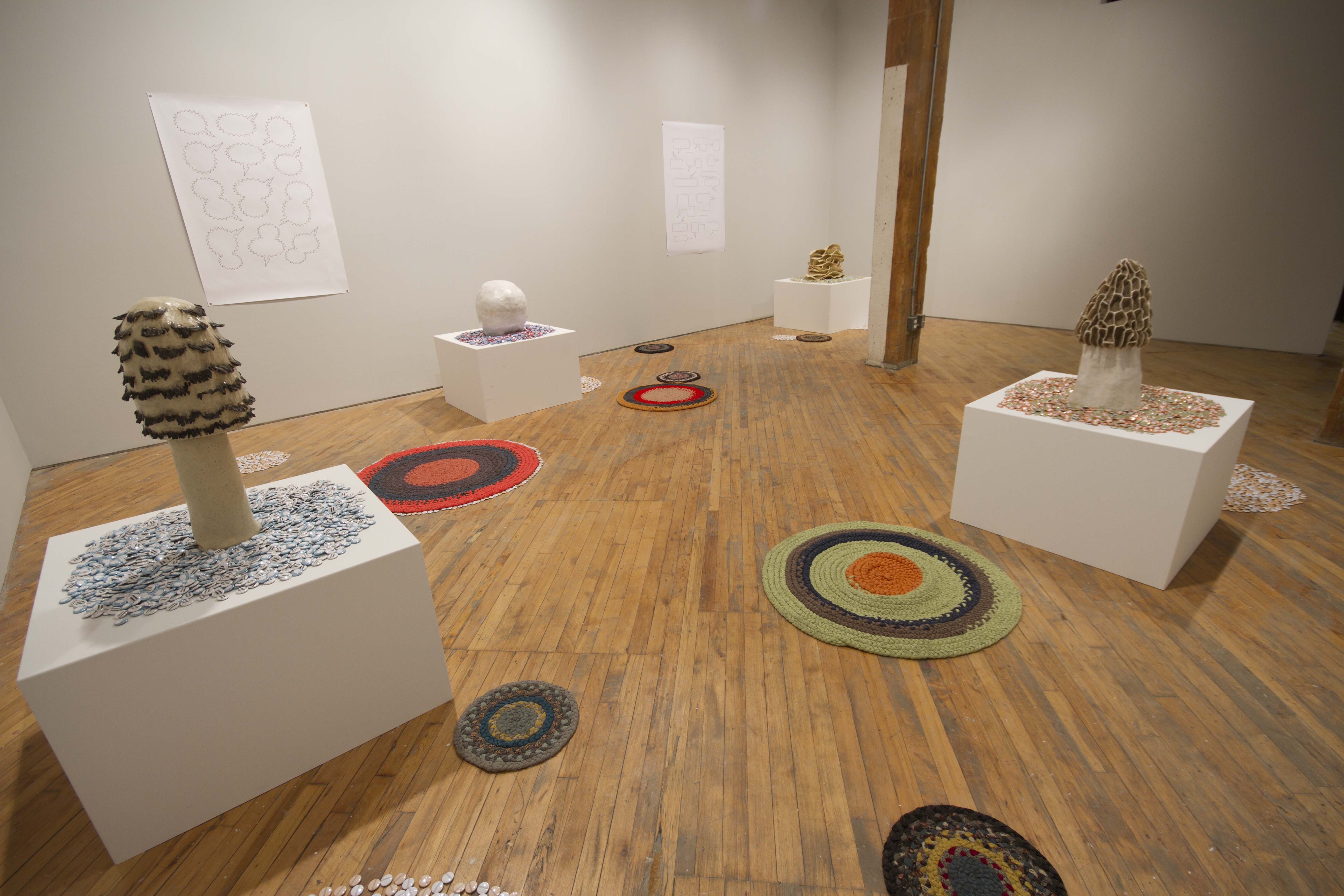 Annie Dunning: Foolproof Four: Superheroes of the Forest Floor, installation view mushroom sculptures.
