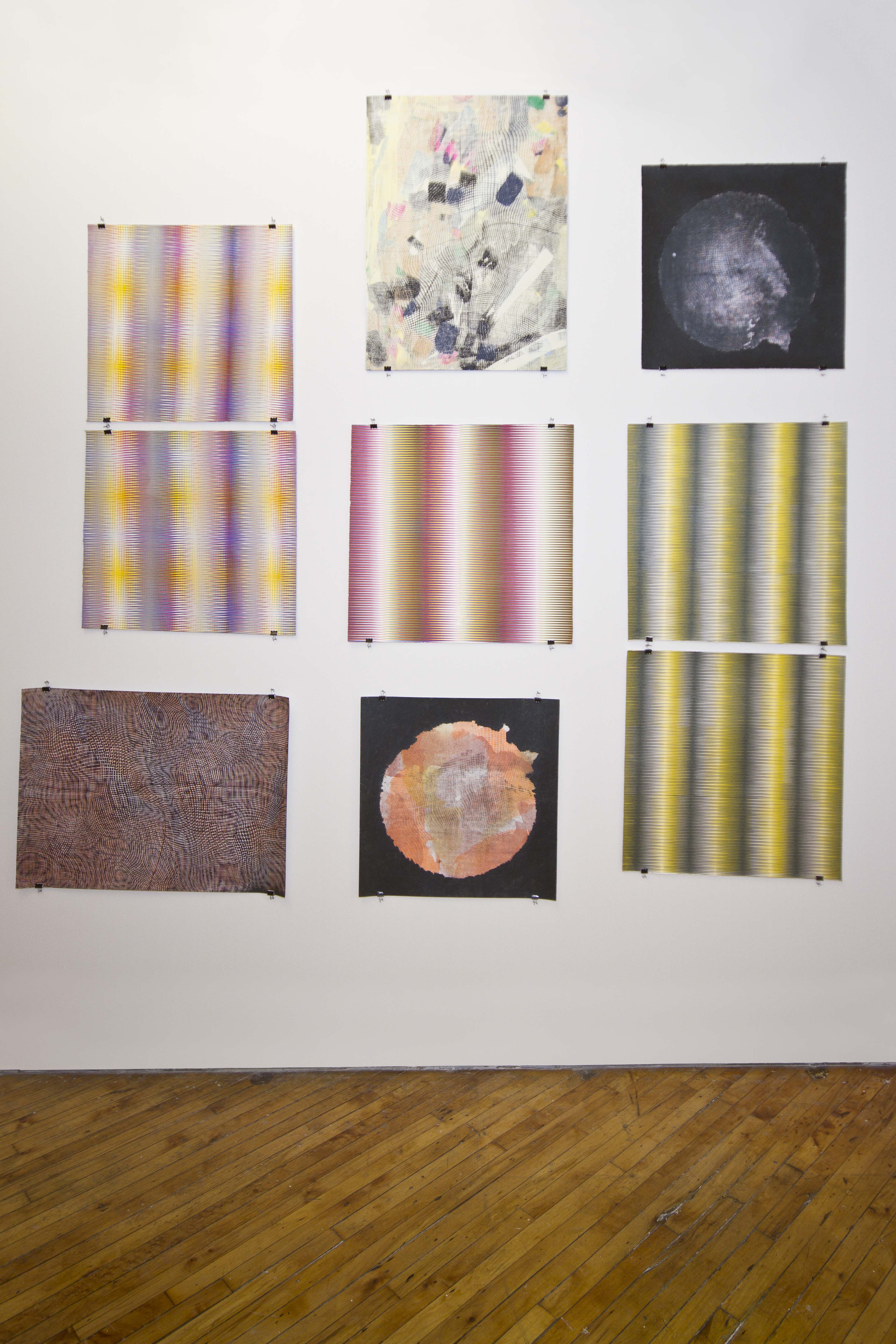 Jacob Horwood: Detail Without a Drawing Board, installation view, multiple images of screen prints.