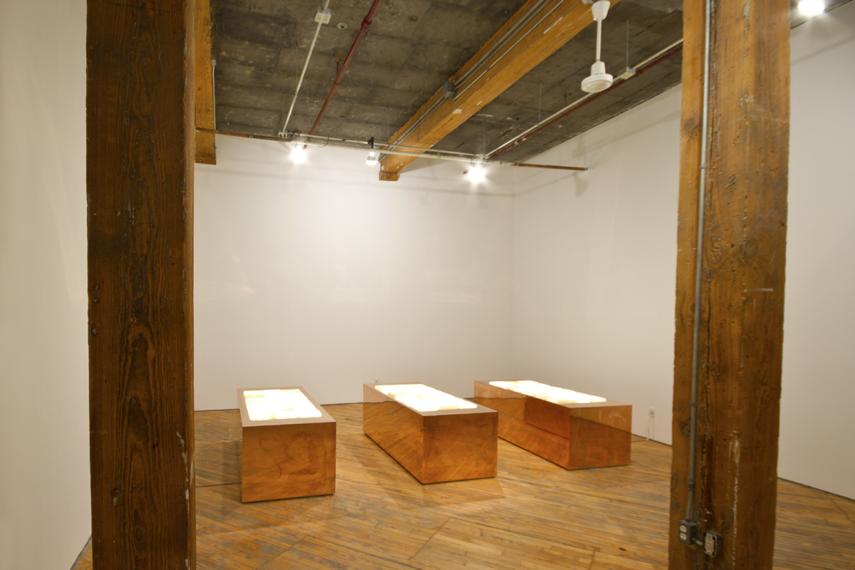 Faith La Rocque, installation view, three copper plinths aligned in a row, with Himalayan salt layered on top, create a sensory experience.