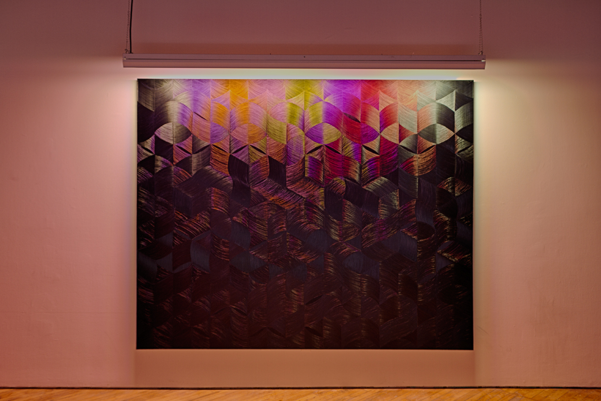 DANIEL HUTCHINSON, installation view, site-sensitive paintings with coloured fluorescent light components under the title Paintings for Electric Light.