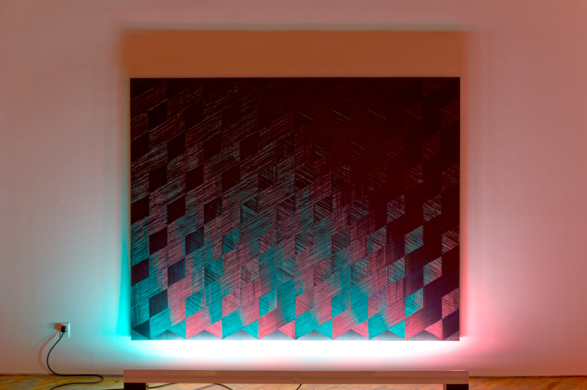 DANIEL HUTCHINSON, installation view, site-sensitive paintings with coloured fluorescent light components under the title Paintings for Electric Light.