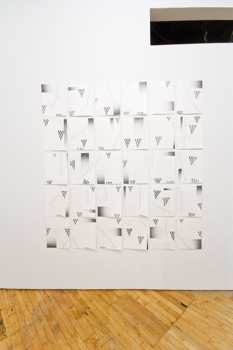 Hanna Hur, An Armchair at a Dimming Window, installation view. multiple images hung on wall in a grid formation.