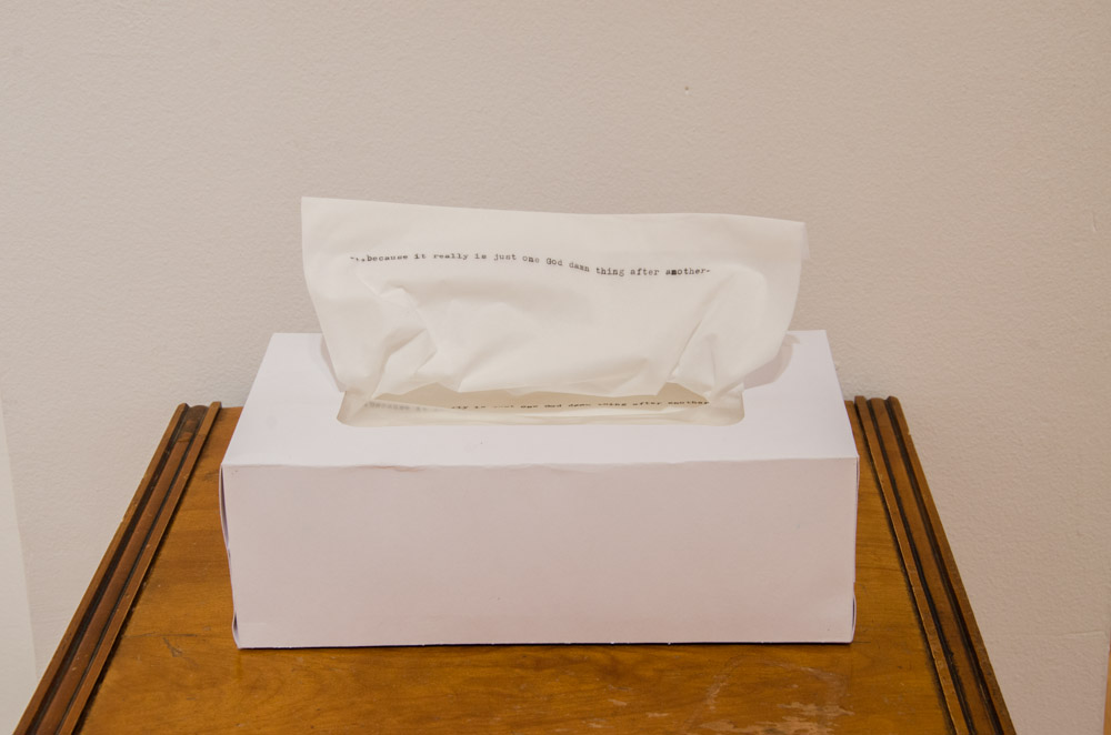 YYZLAB at Lakeshore Arts: Installation view, detail test typed on napkin