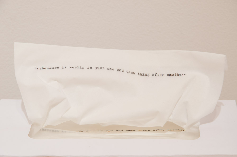 YYZLAB at Lakeshore Arts: Installation view, detail test typed on napkin