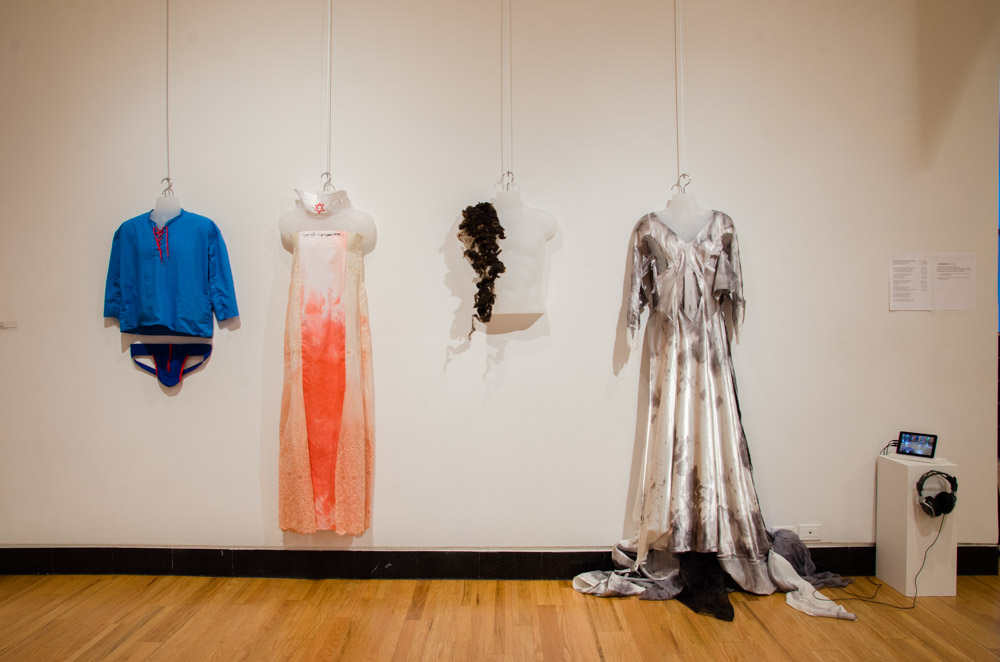 YYZLAB at Lakeshore Arts: Installation view, dresses mounted on the wall.