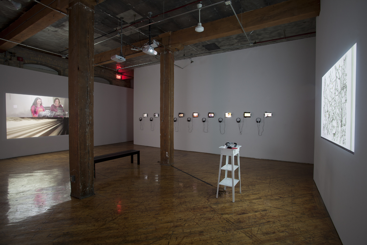 voz--voz/voice--voice provides a space for the articulation of different voices in the context of creative narratives and the frameworks enabled by new media and digital technologies, multiple small video monitors.