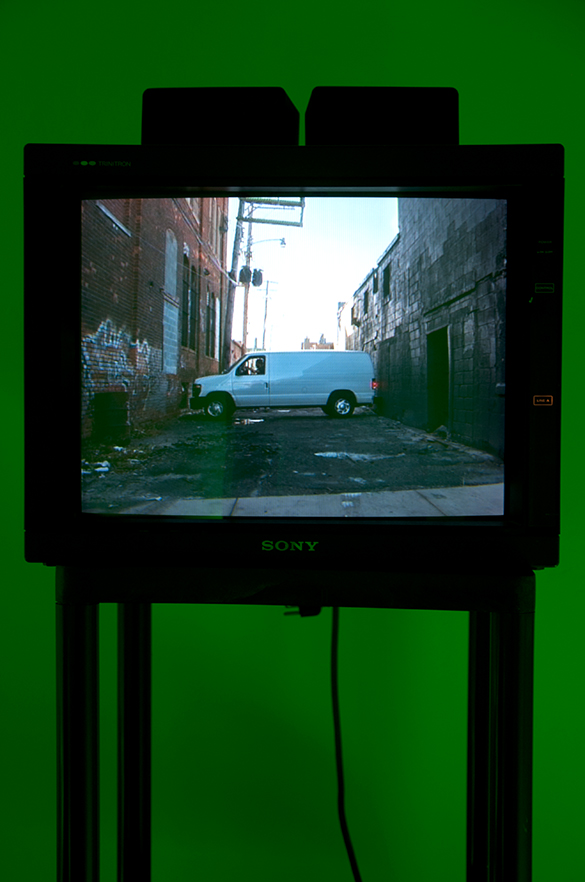 Jon Sasaki, installation view, fluorescent green lighting, TV Monitor..