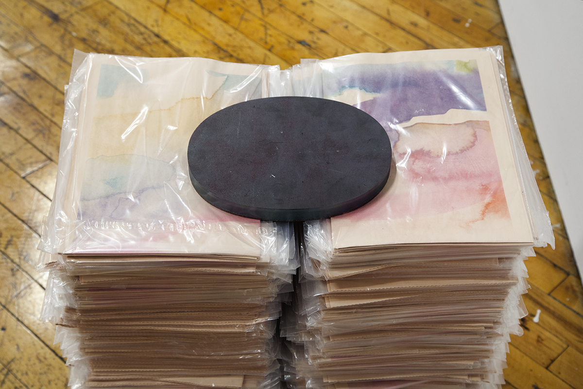 Marie-Michelle Deschamps + Bryan-K. Lamonde, installation view, detail of stacked pages.
