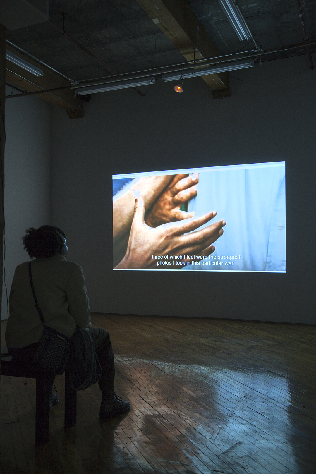 ORAIB TOUKAN, Skype imagery from Gaza collected from photographers, taxi drivers and fixers, video projections of the trauma of war,2015.