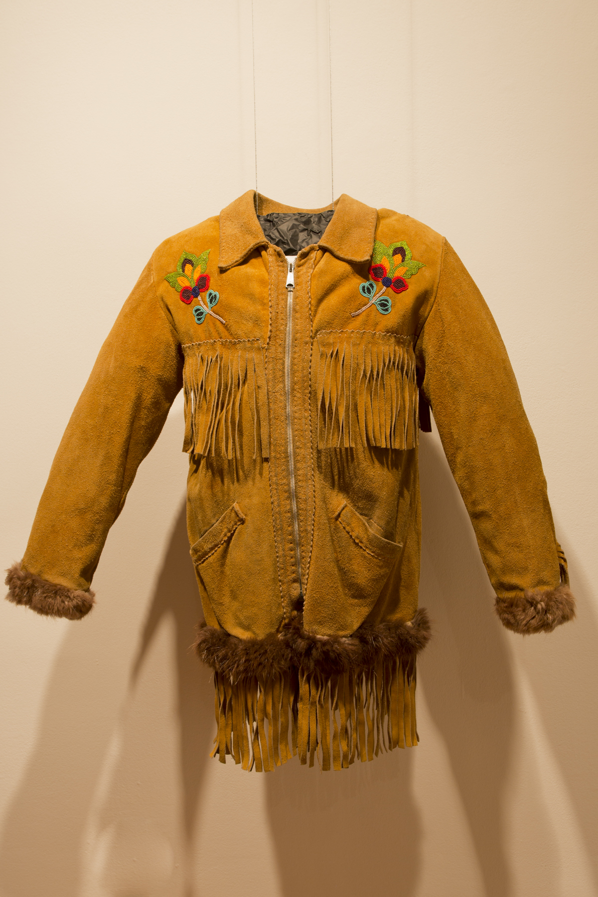 Shelley Niro, installation overview, suede jacket, beige.