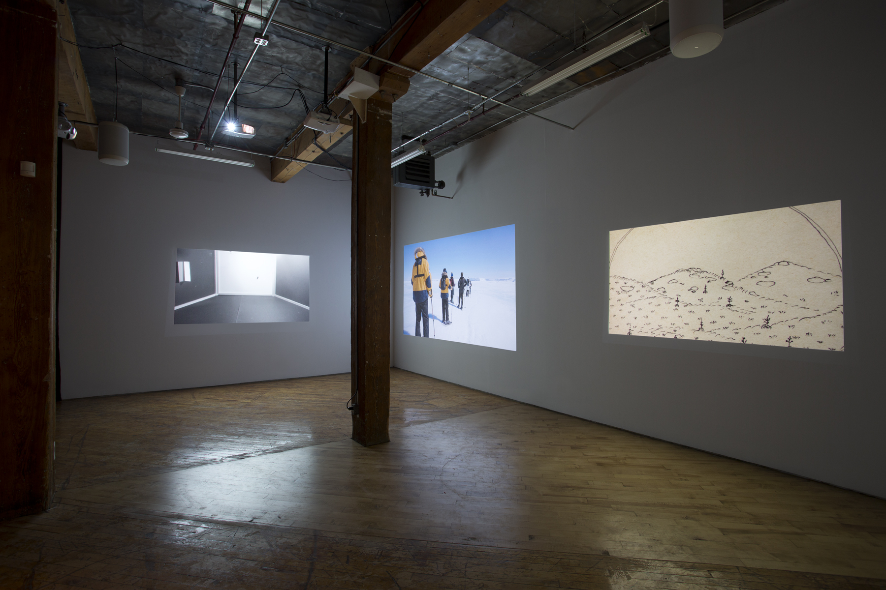 Installation View: The South Gallery, Arrivals, features work of four video artists