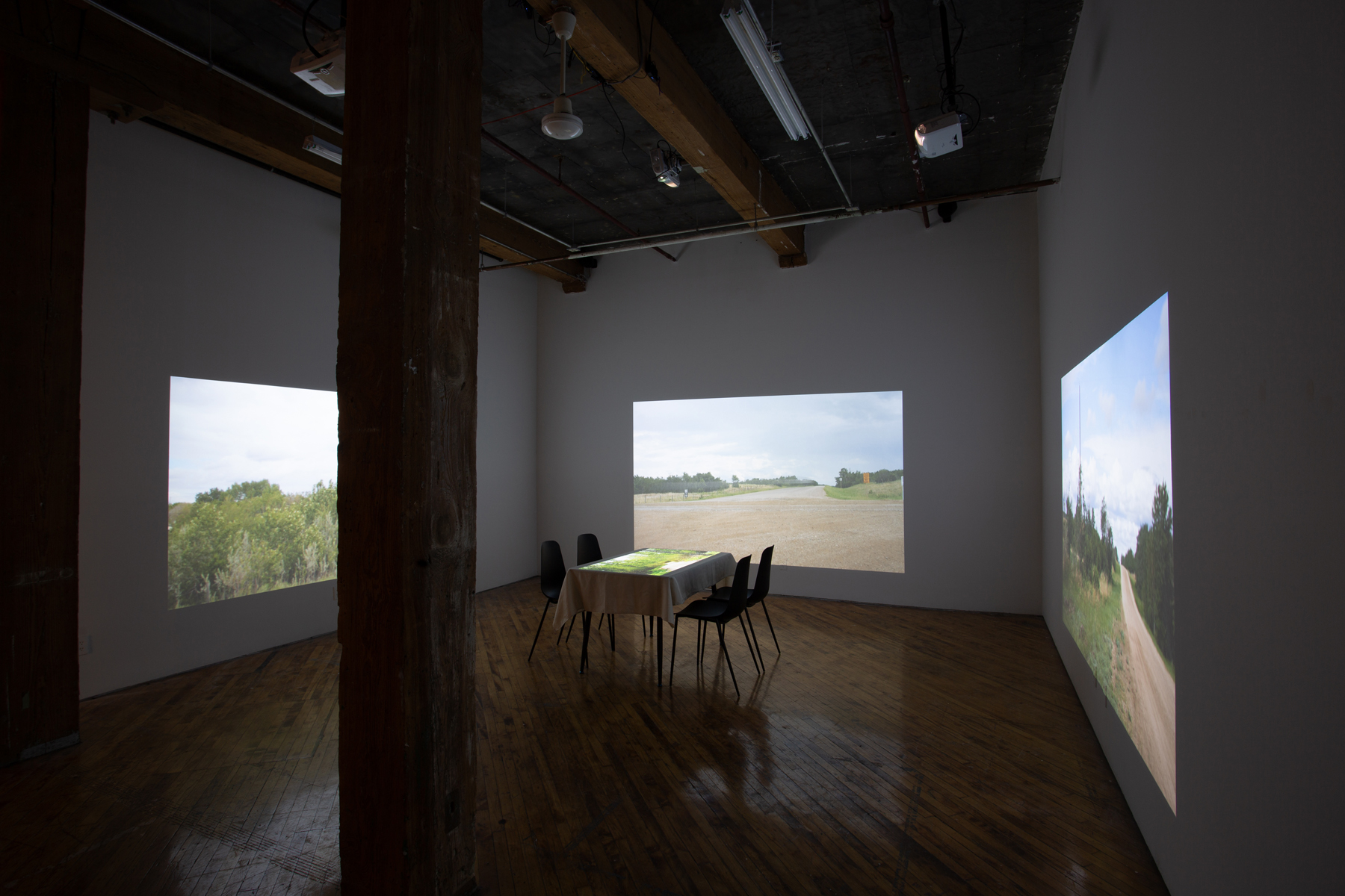 Theo Jean Cuthand, installation view, table and projection.