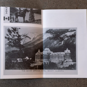 Interior spread of exhibition brochure with black and white images