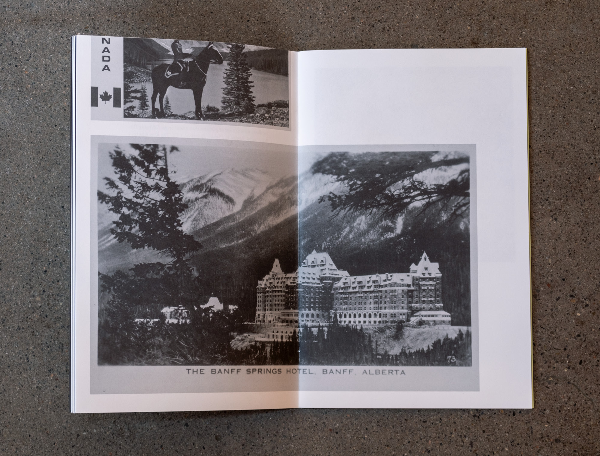 Interior spread of exhibition brochure with black and white images