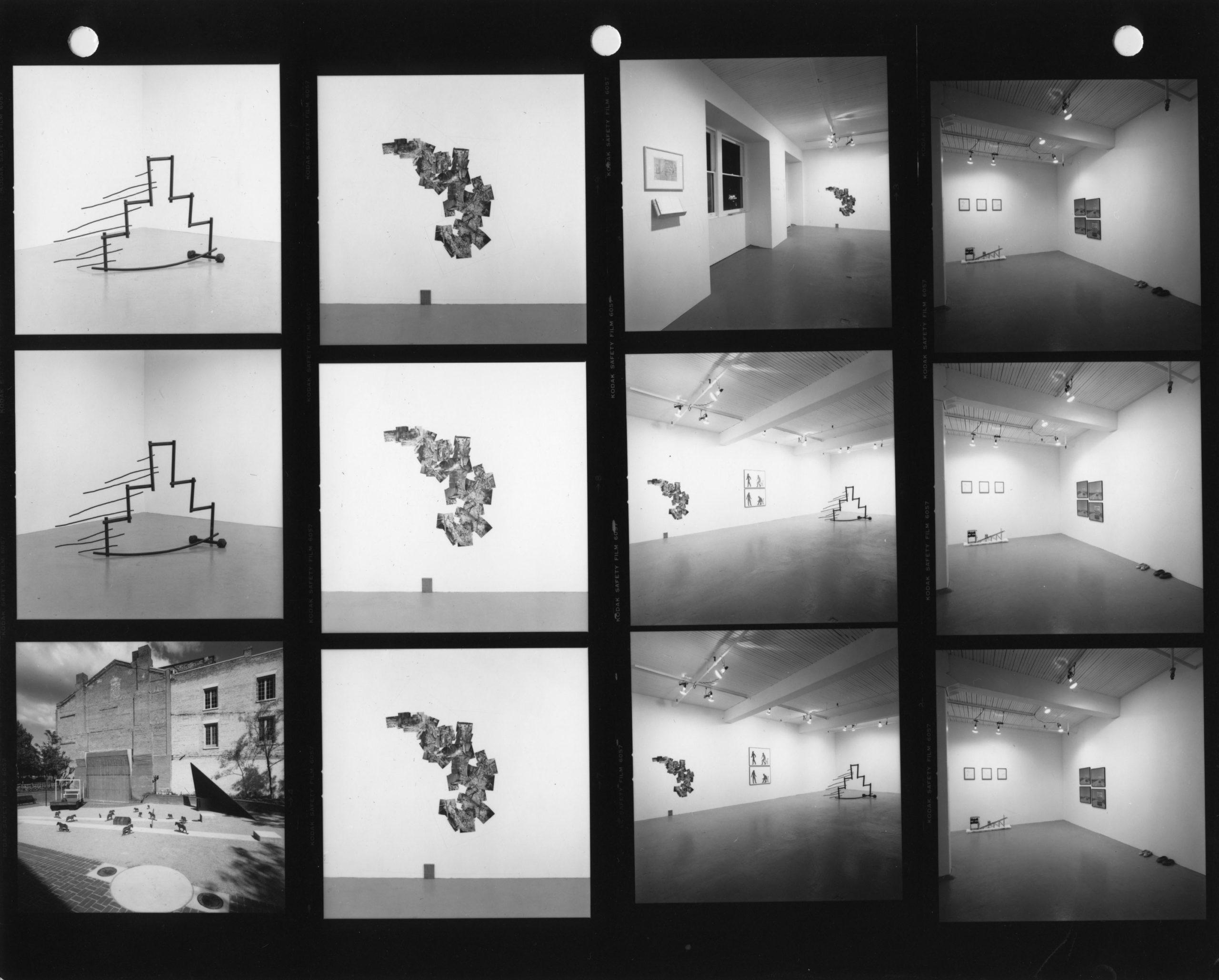 Contact sheet of black and white photos of art in gallery