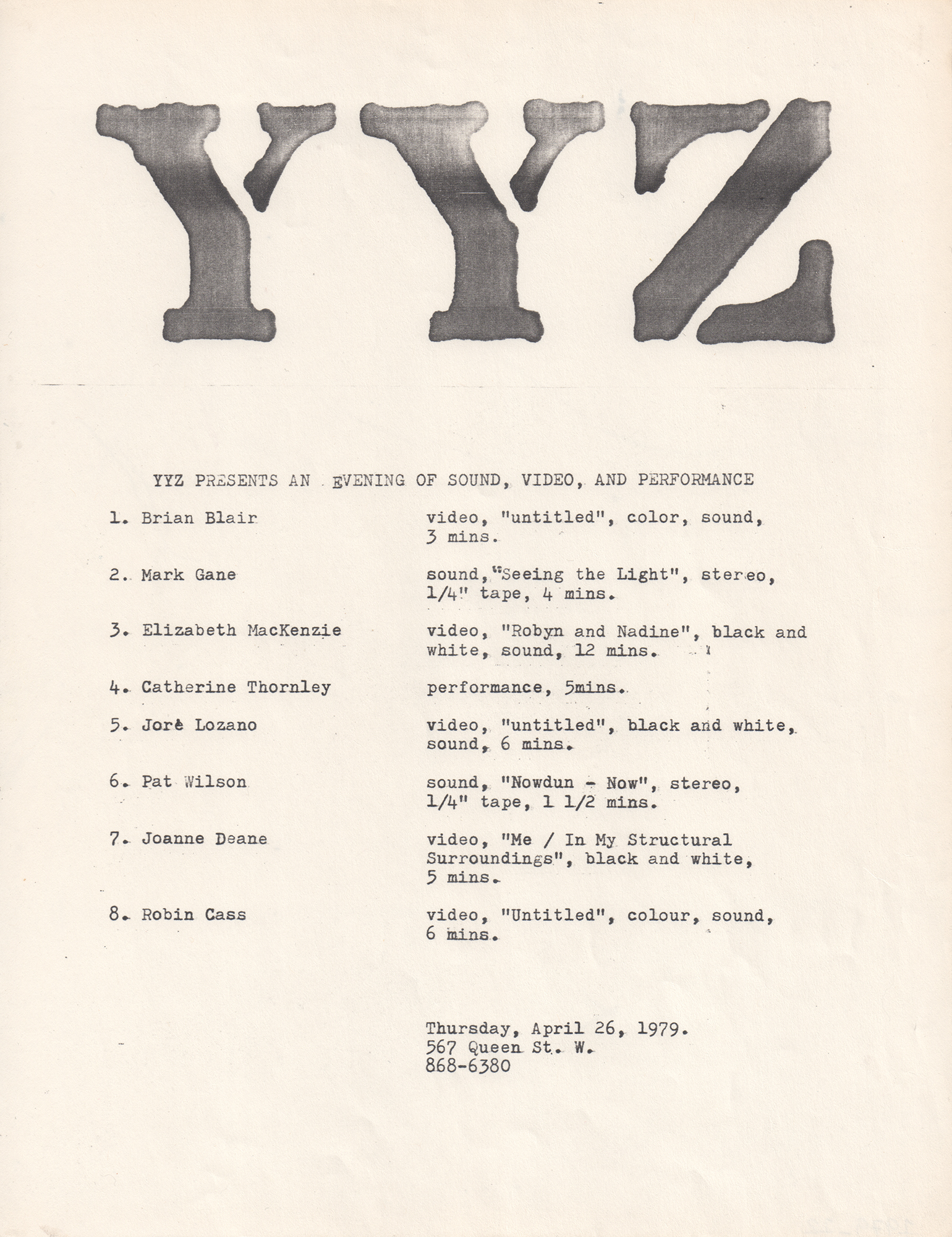 Print out about YYZ presents video art in 1979