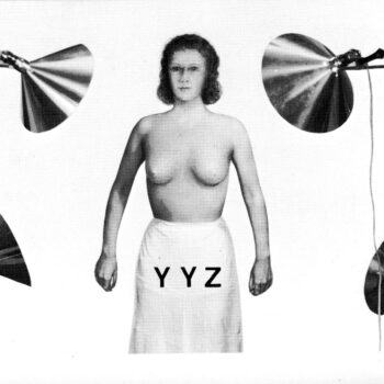 Scanned black and white collage of a feminine figure, pot lights and YYZ logo