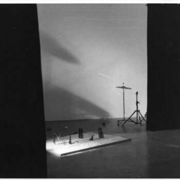 black and white photograph of an art installation