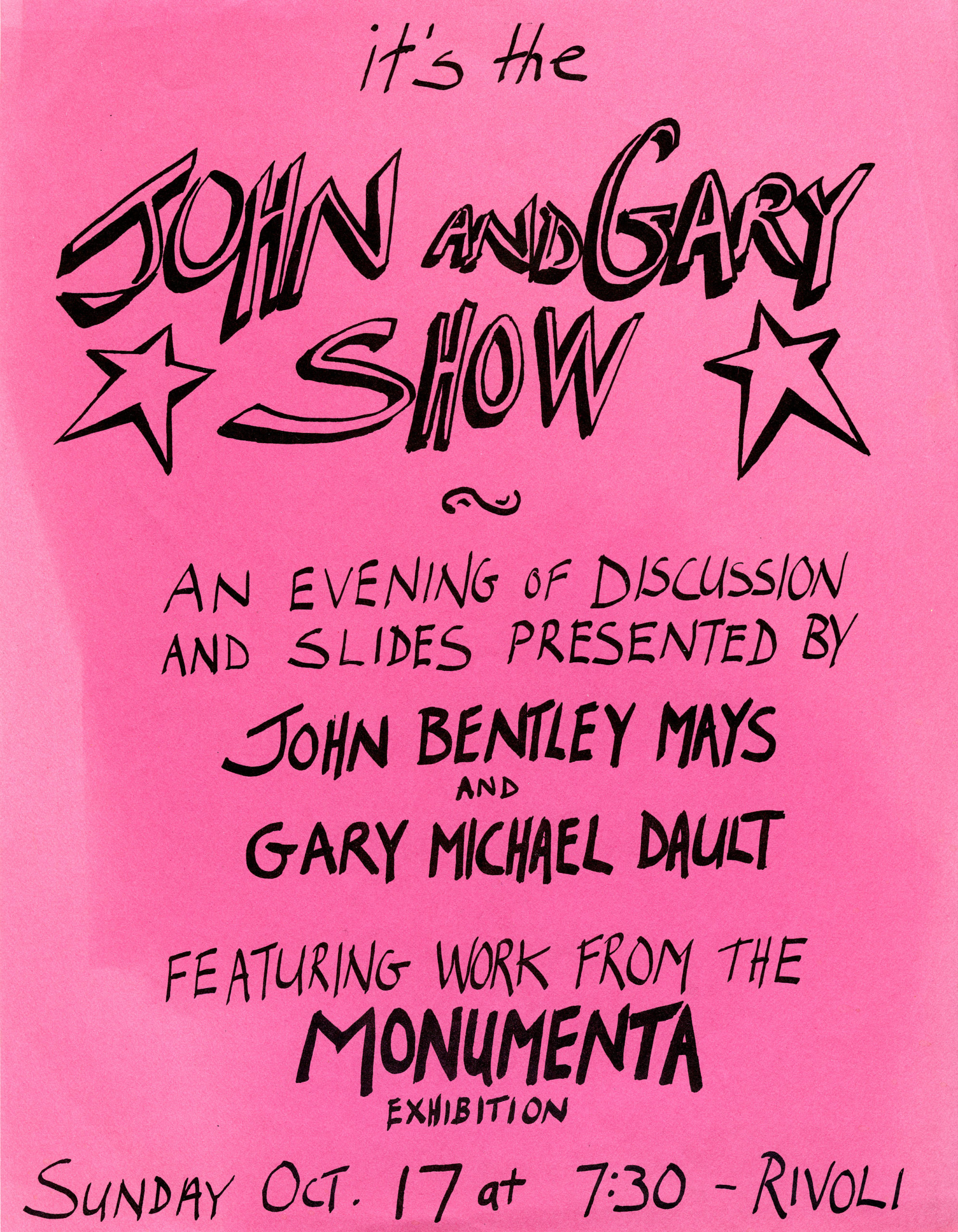 Scan of a show flyer hand drawn with a black pen on pink paper