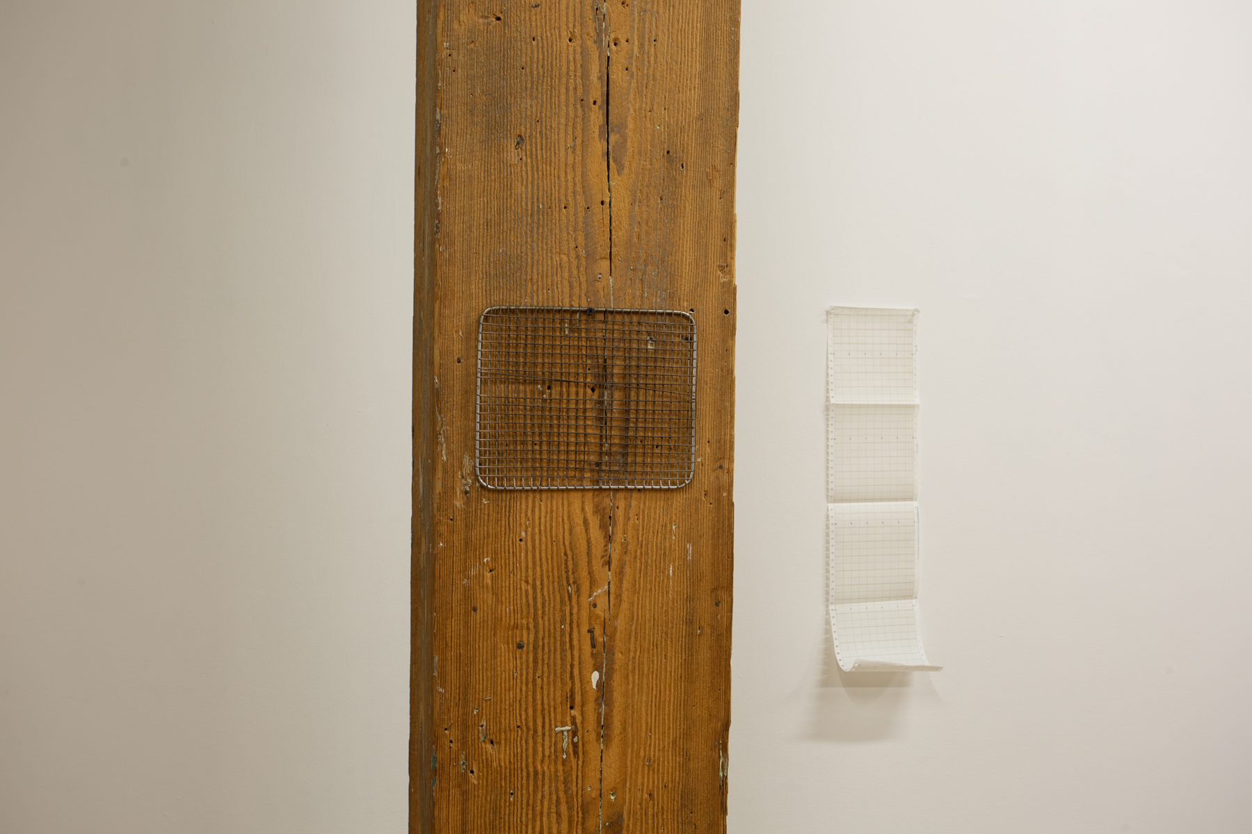 Yusuf Hassan, installation view, pillar with mesh.