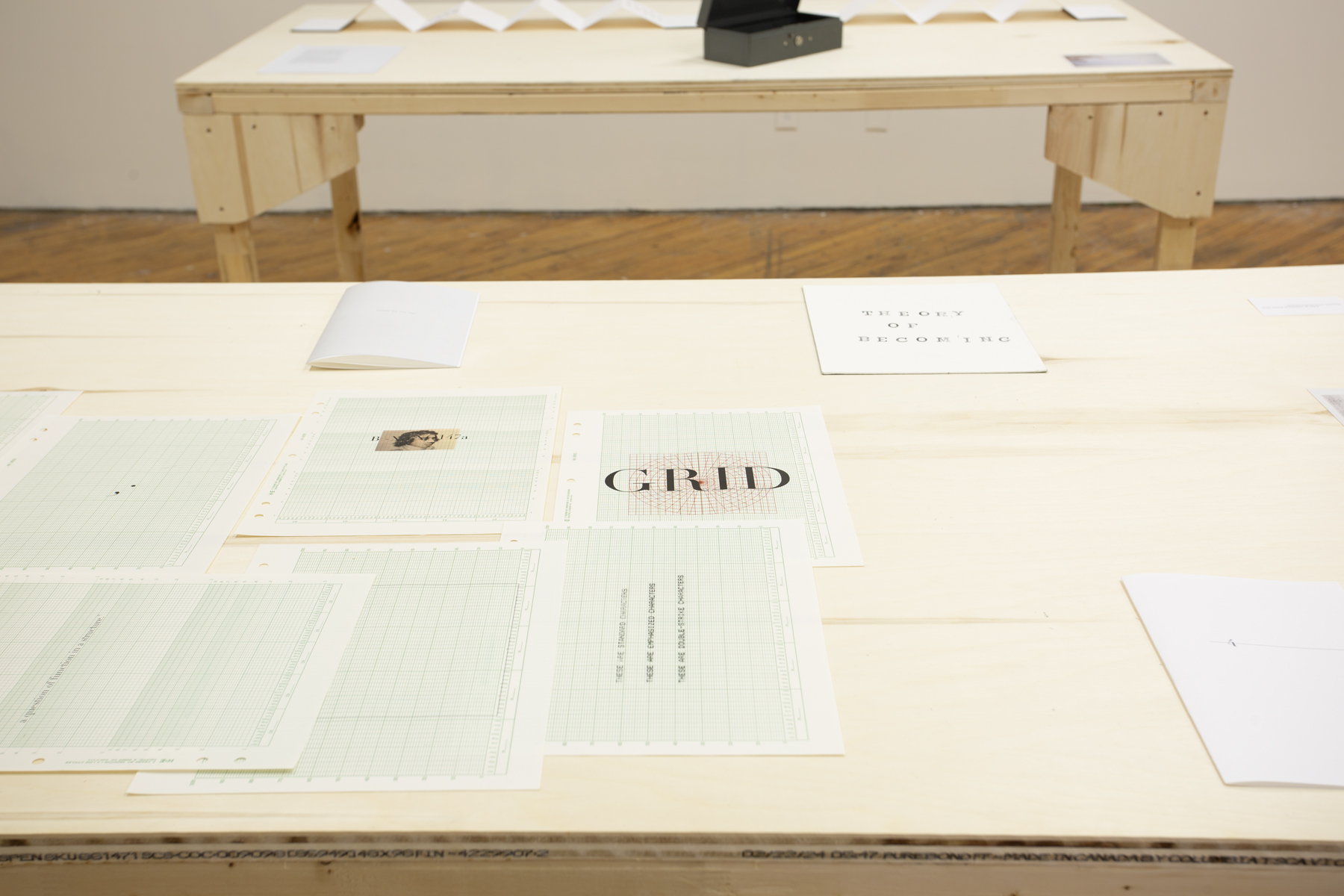 Yusuf Hassan, installation view, detail view of images on the table.