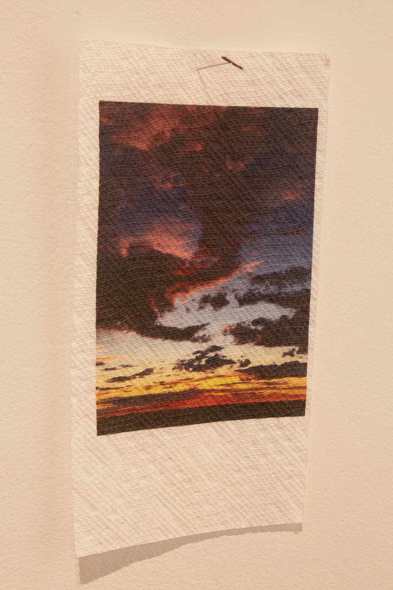 Jake Kimble: Installation view, detail of sky printed on paper towel.