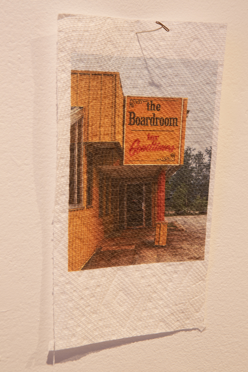 Jake Kimble: Installation view, detail of remote building printed on paper towel.