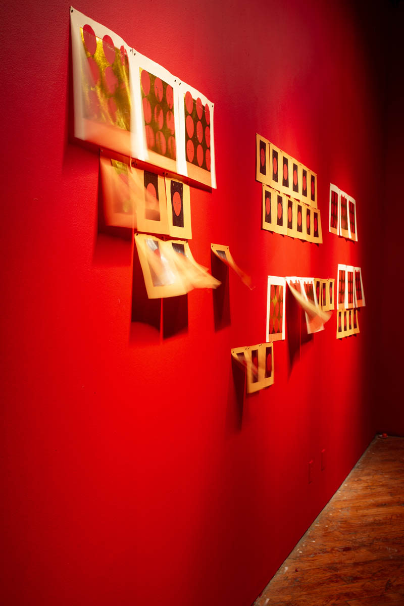 Annie Wong, hand made prints pinned to the wall, gallery walls are painted red.