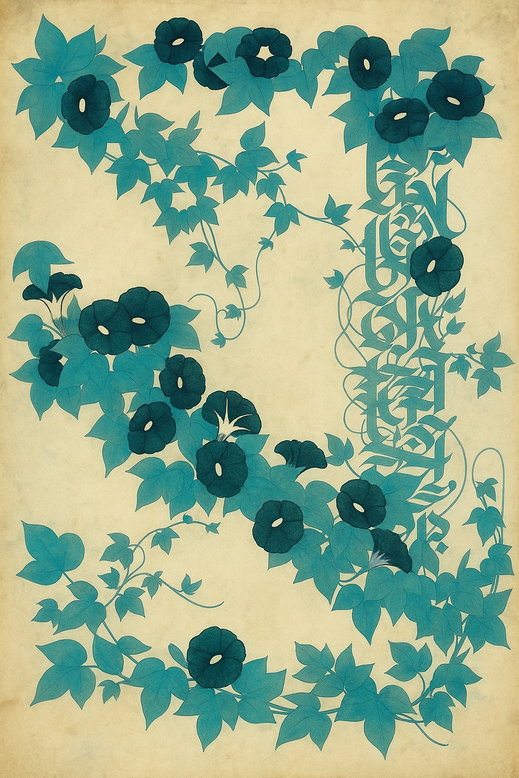 Drawing of a vine of blue flowers.