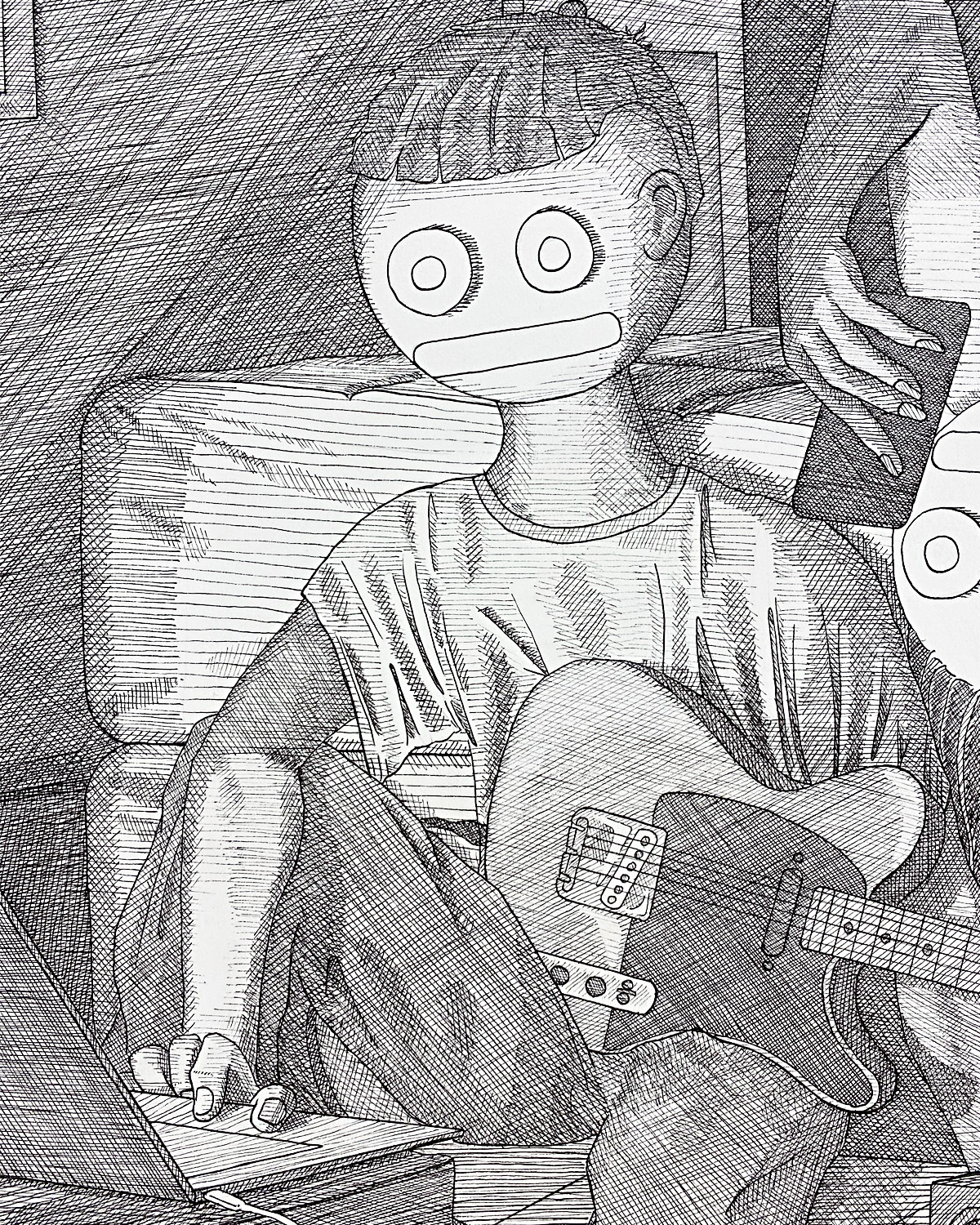 Greyscale drawing of a doll-like figure holding a guitar.