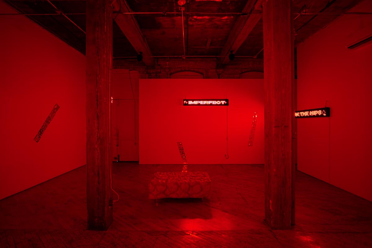 Installation View, red room, dim lights, with LED signs.