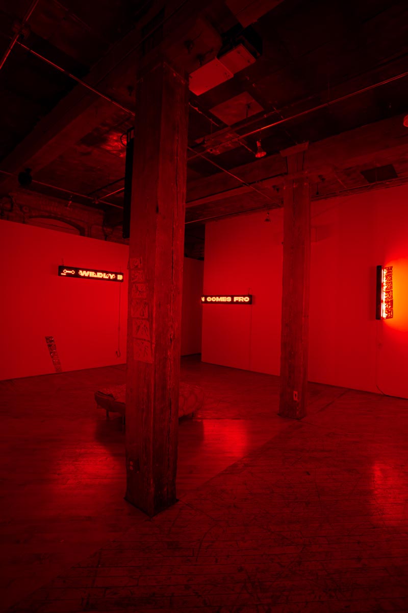 Installation View, red room, dim lights, with LED signs.